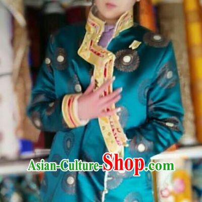 Traditional Chinese Tibetan Nationality Cotton-padded Jacket Costume, Zang Ethnic Minority Blue Coat for Women