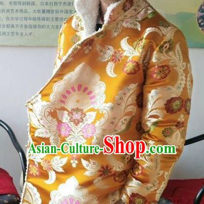 Traditional Chinese Zang Nationality Costume Brocade Cotton-padded Jacket, Tibetan Ethnic Minority Golden Coat for Men