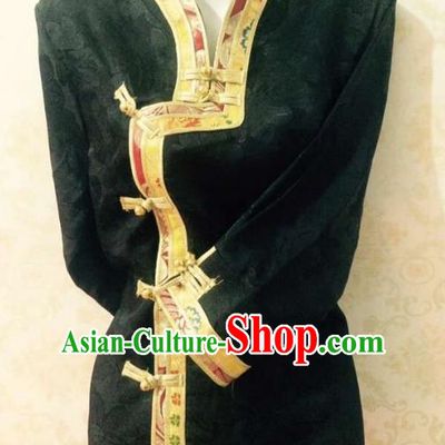 Chinese Tibetan Nationality Costume Black Blouse, Traditional Zang Ethnic Minority Shirts for Women