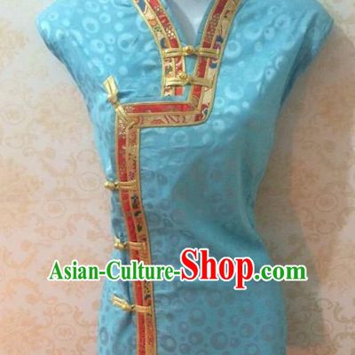 Chinese Tibetan Nationality Costume Blue Blouse, Traditional Zang Ethnic Minority Shirts for Women
