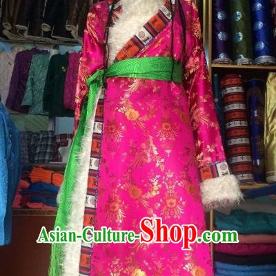 Chinese Tibetan Nationality Costume Pink Tibetan Robe, Traditional Zang Ethnic Minority Dress for Women