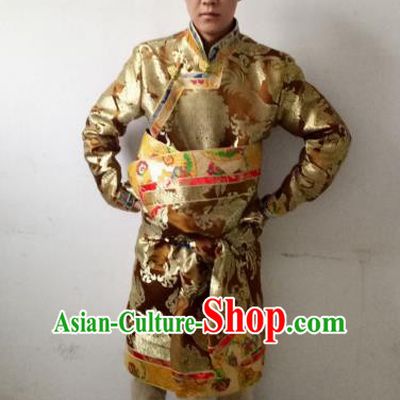 Traditional Chinese Zang Nationality Costume, Tibetan Ethnic Minority Golden Tibetan Robe for Men