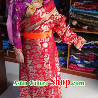 Chinese Tibetan Nationality Costume Red Robe, Traditional Zang Ethnic Minority Dress Clothing for Women