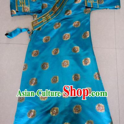 Chinese Tibetan Nationality Costume Blue Robe, Traditional Zang Ethnic Minority Dress Clothing for Women