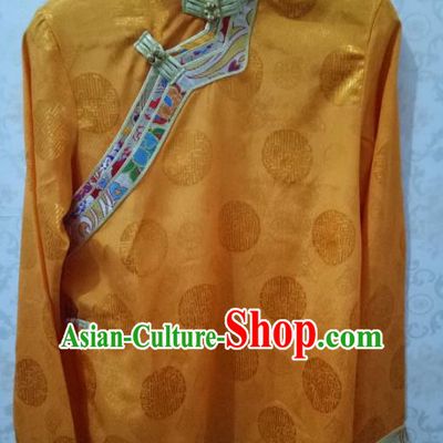 Traditional Chinese Zang Nationality Costume Yellow Shirt, Tibetan Ethnic Minority Coat for Men