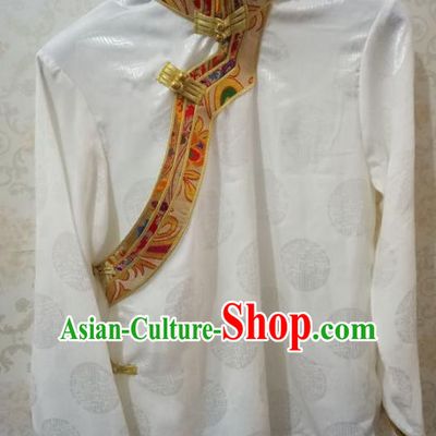 Traditional Chinese Zang Nationality Costume White Shirt, Tibetan Ethnic Minority Coat for Men