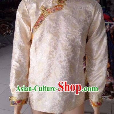 Traditional Chinese Zang Nationality Costume White Shirts, Tibetan Ethnic Minority Coat for Men