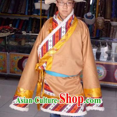 Traditional Chinese Zang Nationality Costume, Tibetan Ethnic Minority Yellow Tibetan Robe for Men