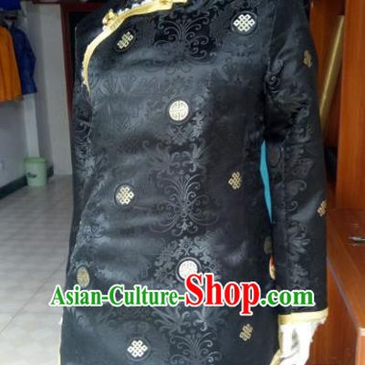 Chinese Tibetan Nationality Costume Black Cotton-padded Jacket, Traditional Zang Ethnic Minority Coat for Women