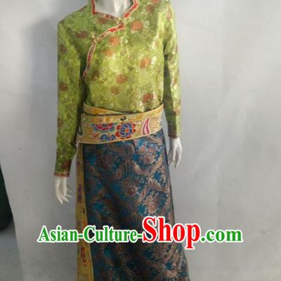 Chinese Tibetan Nationality Costume Green Dress, Traditional Zang Ethnic Minority Clothing for Women