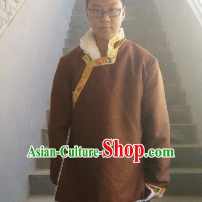 Traditional Chinese Zang Nationality Costume Brown Cotton-padded Jacket, Tibetan Ethnic Minority Shirt for Men