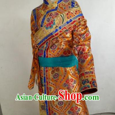 Chinese Tibetan Nationality Costume Golden Tibetan Robe, Traditional Zang Ethnic Minority Clothing for Women
