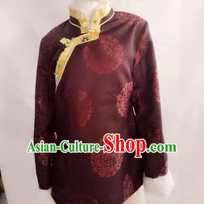 Chinese Tibetan Nationality Costume Purple Cotton-padded Jacket, Traditional Zang Ethnic Minority Clothing for Women