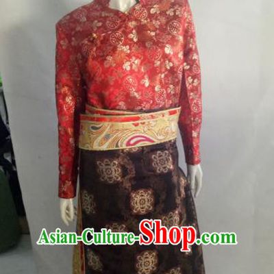 Chinese Tibetan Nationality Costume Red Tibetan Robe, Traditional Zang Ethnic Minority Clothing for Women