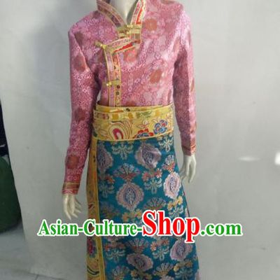Chinese Tibetan Nationality Costume Pink Tibetan Robe, Traditional Zang Ethnic Minority Clothing for Women