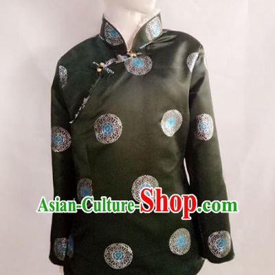 Traditional Chinese Zang Nationality Costume Green Cotton-padded Jacket, Tibetan Ethnic Minority Coat for Men