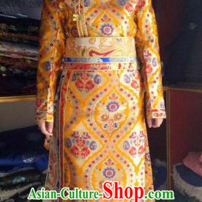 Chinese Tibetan Nationality Costume Golden Tibetan Robe, Traditional Zang Ethnic Minority Clothing for Women