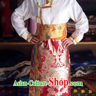 Chinese Tibetan Nationality Costume Red Skirt, Traditional Zang Ethnic Minority Clothing for Women