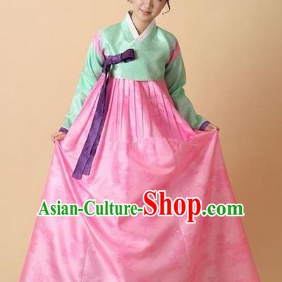 Korean Traditional Bride Hanbok Clothing Green Blouse and Pink Skirt Korean Fashion Apparel Costumes for Women