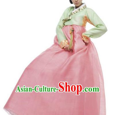 Korean Traditional Bride Hanbok Clothing Green Blouse and Light Pink Skirt Korean Fashion Apparel Costumes for Women