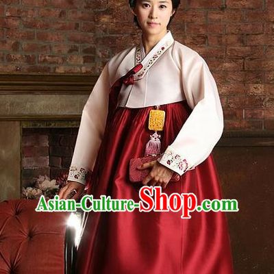 Korean Traditional Bride Hanbok Clothing Pink Blouse and Red Skirt Korean Fashion Apparel Costumes for Women