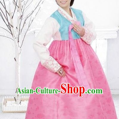 Korean Traditional Bride Hanbok Clothing Blue Blouse and Pink Skirt Korean Fashion Apparel Costumes for Women