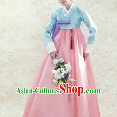 Korean Traditional Bride Hanbok Clothing Blue Blouse and Pink Dress Korean Fashion Apparel Costumes for Women