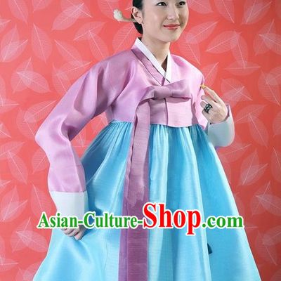 Korean Traditional Bride Palace Hanbok Clothing Pink Blouse and Blue Dress Korean Fashion Apparel Costumes for Women