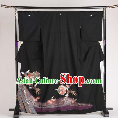 Japan Ancient Printing Flowers Silk Furisode Kimonos Traditional Female Yukata Dress Formal Costume for Women