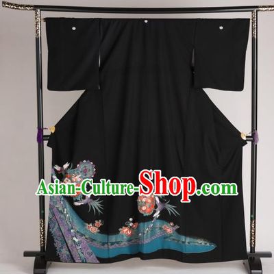 Japan Ancient Printing Black Silk Furisode Kimonos Traditional Female Yukata Dress Formal Costume for Women