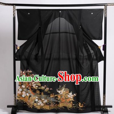 Japan Ancient Silk Furisode Kimonos Traditional Female Printing Flowers Yukata Dress Formal Costume for Women