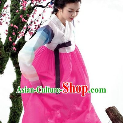 Korean Traditional Bride Palace Hanbok Clothing Korean Fashion Apparel White Blouse and Rosy Dress for Women