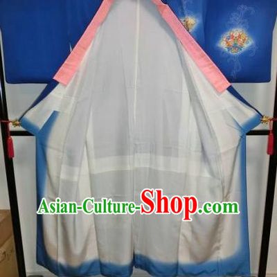 Japan Ancient Royalblue Furisode Kimonos Traditional Female Yukata Dress Formal Costume for Women