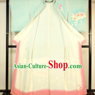 Japan Ancient Palace Female Furisode Kimonos Traditional Green Yukata Dress Formal Costume for Women