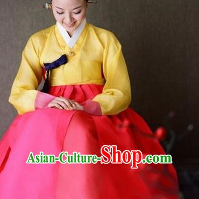 Korean Traditional Palace Clothing Hanbok Yellow Blouse and Red Dress Korea Fashion Apparel for Women