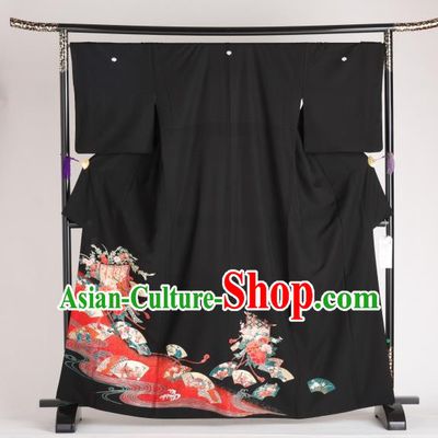 Japan Ancient Printing Black Furisode Kimonos Traditional Female Yukata Dress Formal Costume for Women