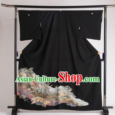 Japan Ancient Printing Phoenix Black Furisode Kimonos Traditional Female Yukata Dress Formal Costume for Women