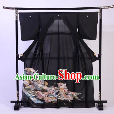 Japan Ancient Black Silk Furisode Kimonos Traditional Female Yukata Dress Formal Costume for Women