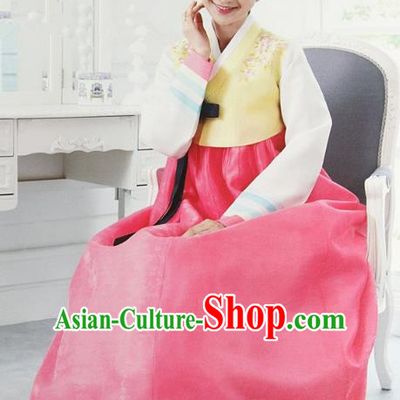 Korean Traditional Palace Clothing Hanbok Yellow Blouse and Pink Dress Korea Fashion Apparel for Women