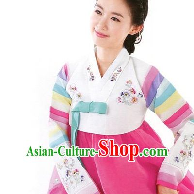 Korean Traditional Palace Clothing Hanbok White Blouse and Pink Dress Korea Fashion Apparel for Women