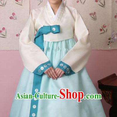Korean Traditional Palace Clothing Hanbok Fashion Apparel White Blouse and Blue Dress for Women