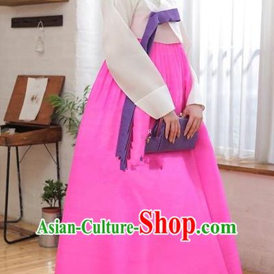 Korean Traditional Palace Garment Hanbok Fashion Apparel Costume White Blouse and Pink Dress for Women