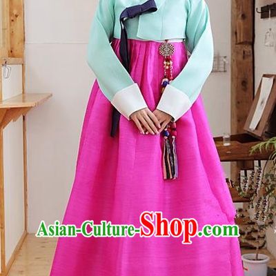 Korean Traditional Palace Garment Hanbok Fashion Apparel Costume Green Blouse and Rosy Dress for Women