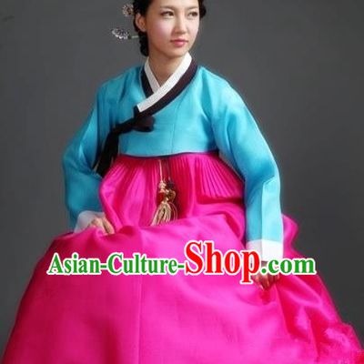 Korean Traditional Palace Garment Hanbok Fashion Apparel Costume Blue Blouse and Rosy Dress for Women