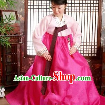 Korean Traditional Palace Garment Hanbok Fashion Apparel Costume Pink Blouse and Rosy Dress for Women