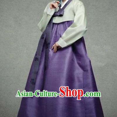Korean Traditional Palace Garment Hanbok Fashion Apparel Costume Green Blouse and Purple Dress for Women
