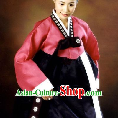 Korean Traditional Palace Garment Hanbok Fashion Apparel Costume Red Blouse and Navy Dress for Women