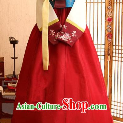 Korean Traditional Palace Garment Hanbok Fashion Apparel Costume Blue Blouse and Red Dress for Women