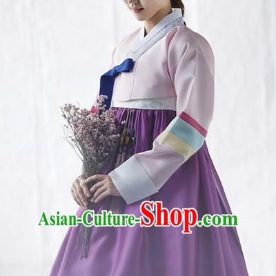Korean Traditional Palace Garment Hanbok Fashion Apparel Costume Bride Pink Blouse and Purple Dress for Women
