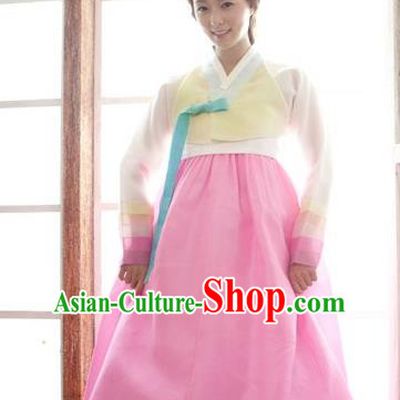 Korean Traditional Palace Garment Hanbok Fashion Apparel Costume Bride Yellow Blouse and Pink Dress for Women